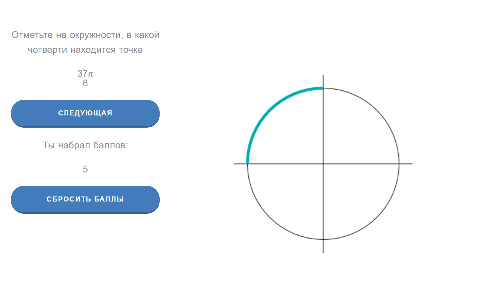 В какой четверти находится точка тренажер